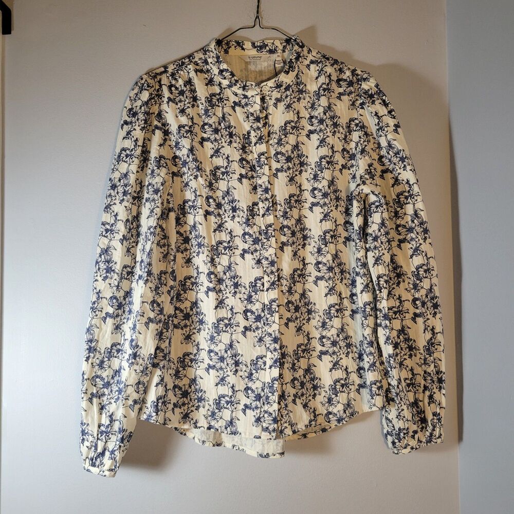 b.young Blue & White Floral Blouse Long Balloon Sleeve Size S